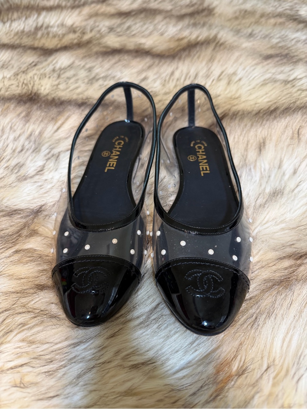 CHANEL Black Patent & Clear PVC Slingback Flats with White Pearl Dots